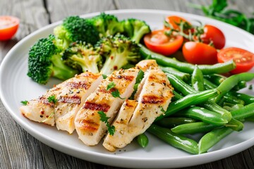 Wall Mural - Healthy diet lunch with grilled chicken breast fillet and tomatoes with broccoli on restaurant table.Macro.AI Generative.