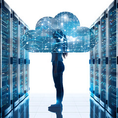 Wall Mural - silhouetted woman in server room with digital cloud symbol isolated on white background, detailed, png