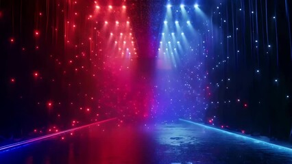 Wall Mural - Stage opening stage glitter animation, spotlights luxury red and blue light streak. Particle luxury for ceremony background