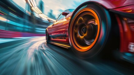 Wall Mural - Speeding car with natural energy technology. Low angle side view of car driving fast on motion blur