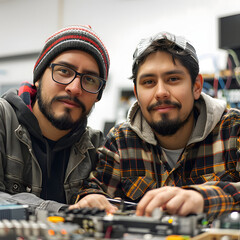 portrait of two men fixing computers and electronics in tech repair shop, copy space isolated on white background, text area, png