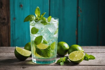 Mojito in glass on wooden blue table with lime and mint