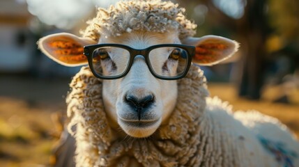 Wall Mural - sheep wearing glasses posing for camera with blurred background