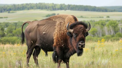 Bison Farm in Alberta Canada. Majestic Buffalo Herd on the Alberta Plains