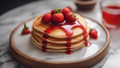 Wall Mural - japanese pancake with strawberry syrup topping on a wooden platter on marble