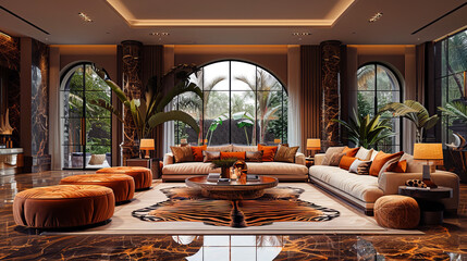 Wall Mural - A luxurious living room featuring elegant beige sofas, orange poufs, a tiger-patterned rug, and large arched windows.