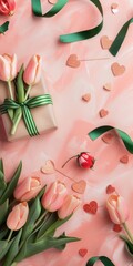 Wall Mural - February Flat Lay. Pastel Pink Festive Layout with Tulips, Hearts, and a Gift. Top View with Copy Space. Concept of Valentines Day, Mother's Day, and Spring Celebration