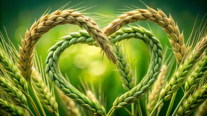 Poster - Vibrant green wheat stalks woven into a heart shape on a lush green background, symbolizing love and nature's beauty.