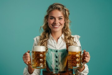 smiling woman in traditional bavarian dress holding two large beer mugs, ideal for oktoberfest promo