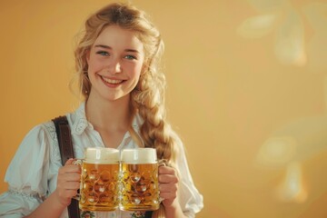 Wall Mural - Smiling woman in traditional Bavarian dress holding two large beer mugs, Ideal for Oktoberfest promotions.