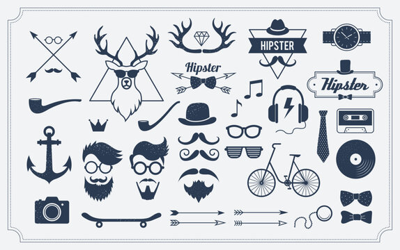 Hipster element design. Retro icon. Deer animal. Man face with beard. Stylish male hair. Black silhouette. Moustache fake. Vintage camera. Glasses and hats. Fashion symbol. Vector graphic logo set