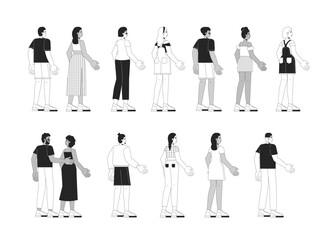 Poster - Standing back view multicultural adults black and white 2D line cartoon characters set. Summer outfit tourists isolated vector outline people. Casual attire monochromatic flat spot illustrations