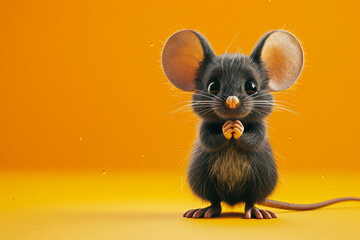 Poster - a cartoon illustration of a funny cute mouse character on yellow color background generative ai