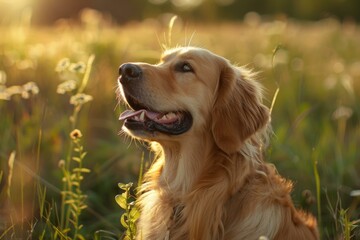 Poster - Calm golden retriever sits in a field bathed in golden hour light, embodying peacefulness