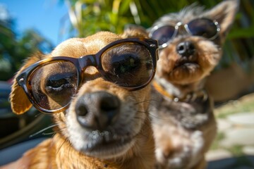 Poster - Adorable and stylish dogs wearing chic sunglasses, accessorized for summer, posing outdoors in a playful and trendy fashion, showcasing their personality and quirky behavior