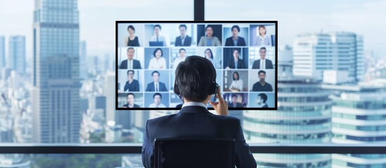 Businessman participating in a video conference call in a modern office