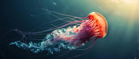 Wall Mural - A serene underwater scene of a jellyfish drifting gracefully, its tentacles flowing elegantly