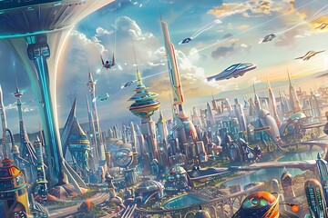 A colorful mural of a science fiction city with futuristic buildings, flying cars, and advanced technology.