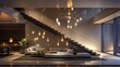 © Muhammad - Modern living area featuring a sleek staircase, a breathtaking chandelier, and unique hanging lights, with an elegant and sophisticated interior design.