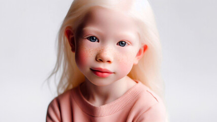 Cute albino girl on a white studio background. Inclusive extraordinary natural beauty, inclusion, albinism and diversity