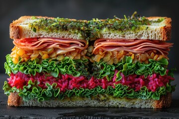 Wall Mural - A sandwich with one half showing normal ingredients and the other half covered in bacteria and mold, illustrating the contrast between fresh and contaminated food