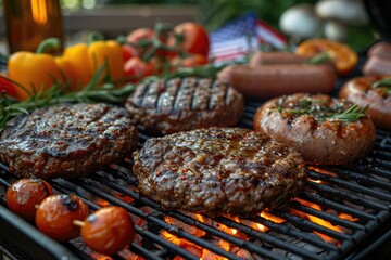 Wall Mural - A barbecue grill loaded with sizzling burgers and hotdogs, surrounded by patriotic decor