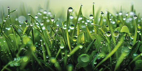 Poster - Green border of grass, Many dew drops glow and sparkle. Highly detailed. Generative AI.