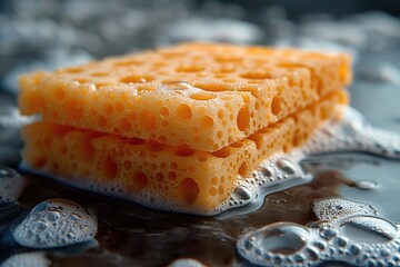 Wall Mural - A close-up of a kitchen sponge with bacteria visibly growing on its surface, symbolizing the spread of bacteria through common cleaning tools.