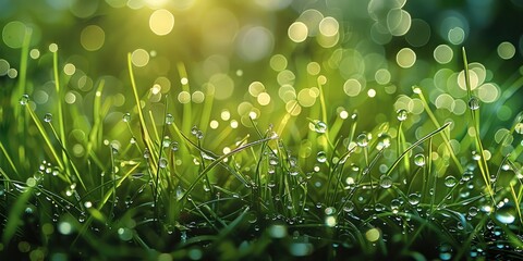 Poster - Green border of grass, Many dew drops glow and sparkle. Highly detailed. Generative AI.