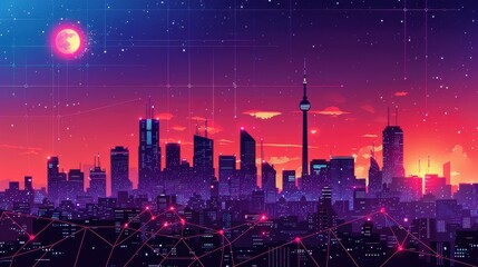 A city skyline with a large red moon in the sky