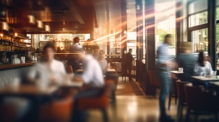 Blur coffee shop or cafe restaurant, Blurred restaurant background with some people and chefs and waiters working, Generative A