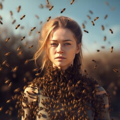 Canvas Print - a nice girl standing in a swarm of bees at daylight