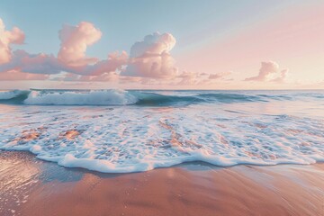 Wall Mural - Beautiful seascape at sunset. Panoramic view of the sea and sandy beach. Beautyful background. Sea wave with foam. Beautiful ocean waves.