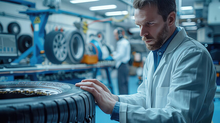 Poster - Engineer baking a tyre that looks like a pastry, CEO wearing business suit viewing, design laboratory setting, computers with holographic. Generative AI.