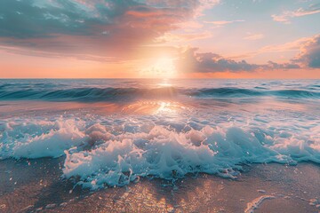 Wall Mural - Beautiful seascape at sunset. Panoramic view of the sea and sandy beach. Beautyful background. Sea wave with foam. Beautiful ocean waves.