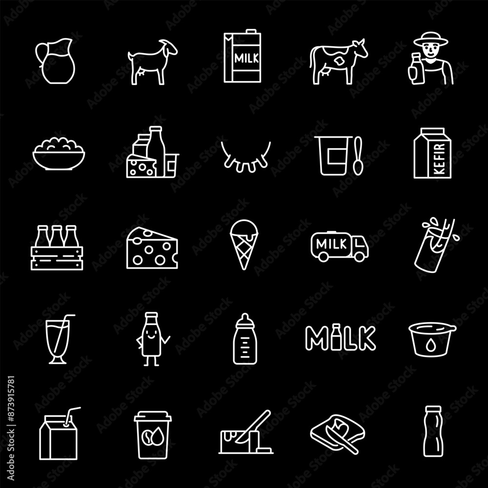 Milk and dairy products, white line icons. Icons for milk, cream ...