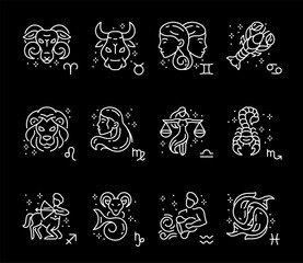 Wall Mural - Zodiac signs, white line icons. Horoscope symbols Aries, Taurus, Gemini, Cancer, Leo, Virgo, Libra, Scorpio, etc. Ideal for astrological and spiritual themes. black background. Editable stroke.