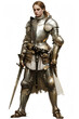 © Artemiy - Young medieval lady knight in shining armor, poised against a white background