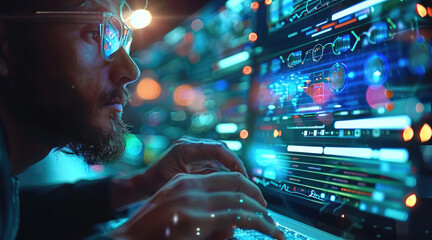 Poster - Developing mobile apps based on digital technology. Computer programmers or software developers code computer programs. Generative AI.