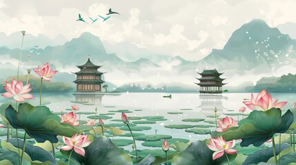 Wall Mural - lotus pond illustration 