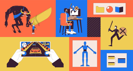 Poster - Video game development bento grid illustration set. Gamedev at computer modeling 2D vector image collage design graphics collection. Gamer playing videogames flat characters moodboard layout