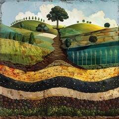 Poster - farming landscape with crops, hills and trees and showing soil layers in horizon profile