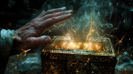 Poster - man opens a mysterious box, pandora's box concept, concept of holding magic