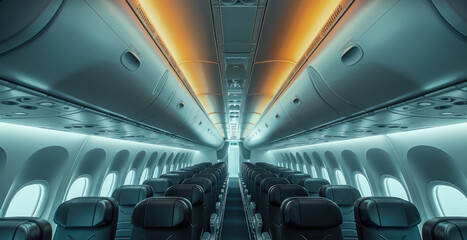 Poster - An infinitely long airline plane cabin interior. Generative AI.