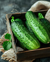 Fresh green organic  cucumbers with a rustic touch