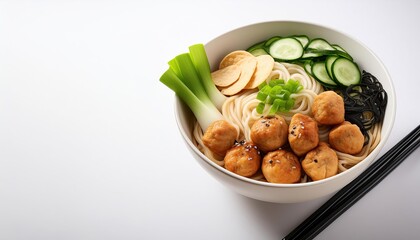 Wall Mural - Japanese Ramen Noodles with Meatballs, Cucumber and Green Onion