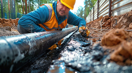 Fototapete - Worker Installing Drainage system for the private site. Generative AI.