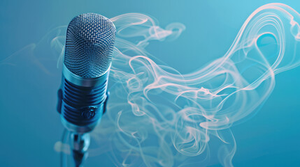 Aufkleber - Microphone, Dynamic microphone with flowing waveforms on a baby blue background. Generative AI.