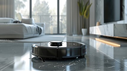 Poster - Black robot vacuum cleaner in front of minimalist background. Generative AI.