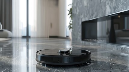 Poster - Black robot vacuum cleaner in front of minimalist background. Generative AI.